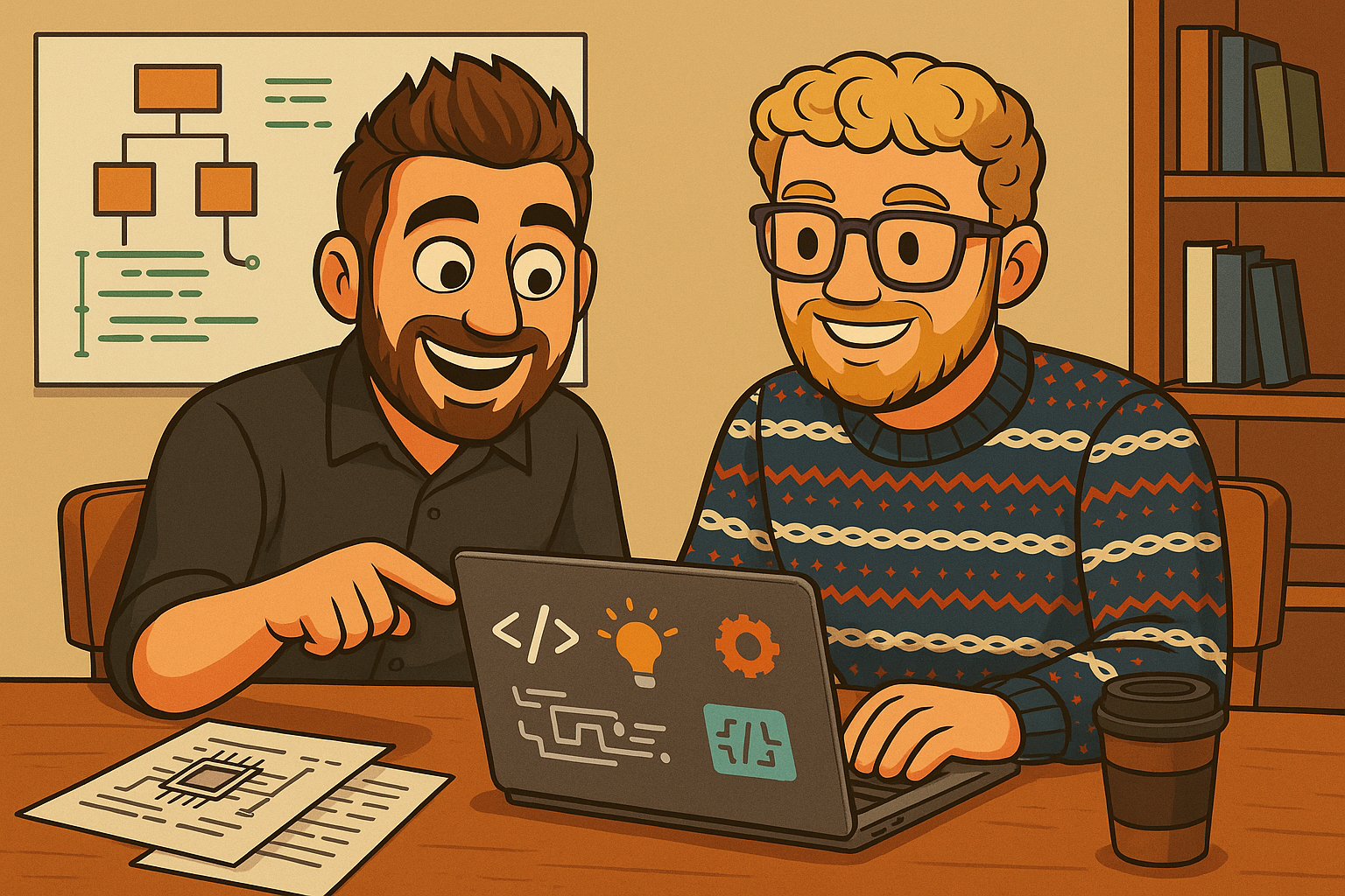 A person with a laptop and a coffee cup, looking at a screen with a graph and a line chart.